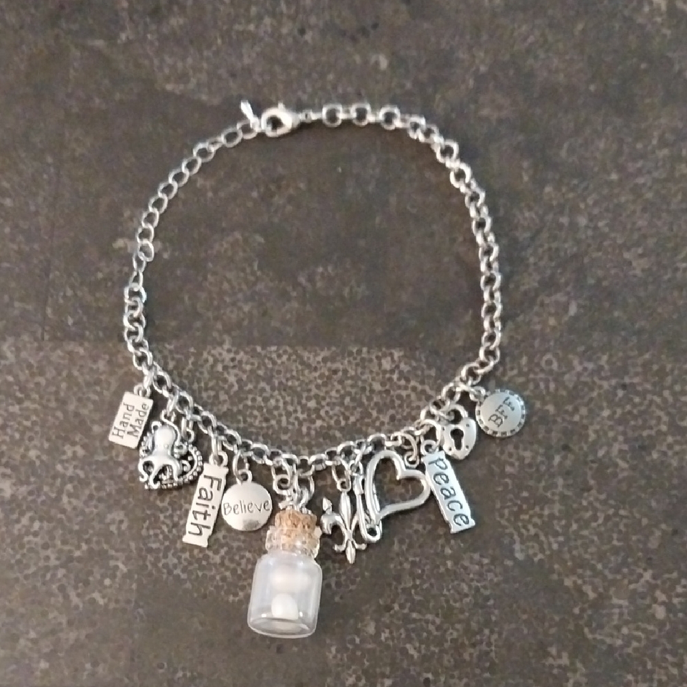 Silver Tone Charm Bracelet with Inspirational Pendants